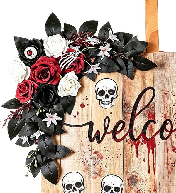 Spooky Skeleton Floral Garland Backdrop Panel Dekoration för Halloweenfest (Pe)