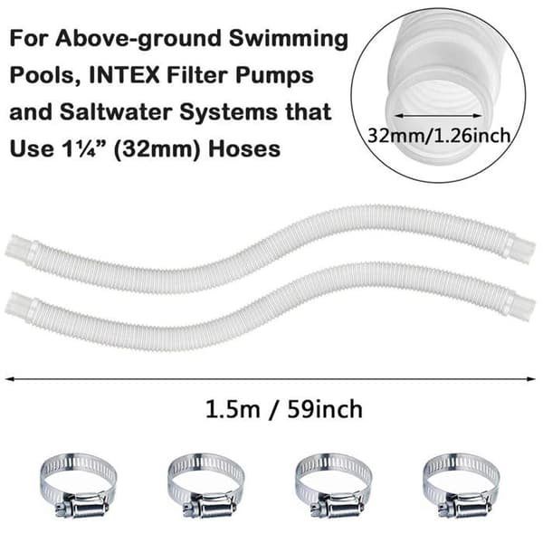 32 mm-2 poolslang, vit, 150 cm - med 4 metallklämmor för ovanmarkspooler