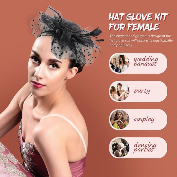Retro Gaze Hårtilbehør Fjer Fascinator og Handskesæt til Kvinder 1 Sæt (Peng)