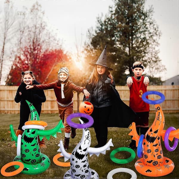 Halloween Ringkastningsspel, 5-pack uppblåsbara spöken och häxhattar för ringkastning (Peng)