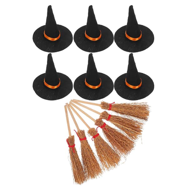 Mini-häxhattar och kvastar för Halloween-dekoration, 12-delars set för dockskåp (Peng)