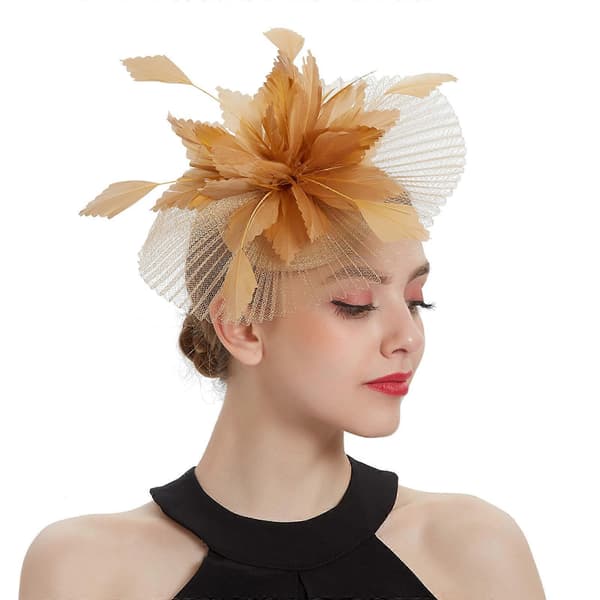 Gyllene fascinator-hatt med nät för kvinnor, bröllopsfest-hatt (Peng)