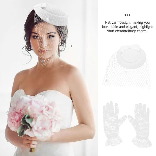 Retro mesh-hatt och eleganta spetshandskar för cocktailparty för kvinnor 1 set (Peng)