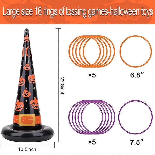 Halloween-spil, oppusteligt heksehat-ringkastspil med point, plastringe, luftpumpe (Peng)