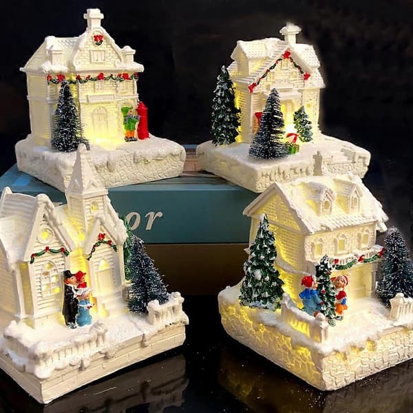 Julepynt Landsbyhuse By med varmt hvidt LED-lys Julepynt Mini Resin Figur Borddekoration (Peng) B