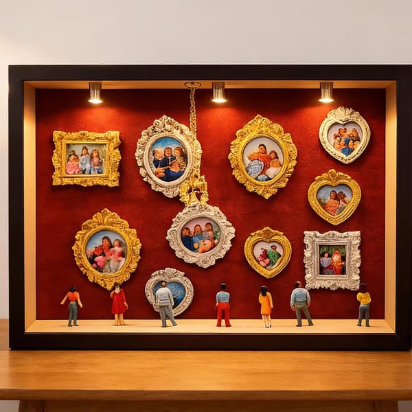 Miniature Museum Skrivebordssæt med Belysning - Sort Ramme, Rød Baggrund (Pe)