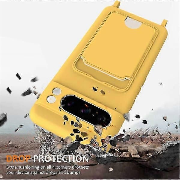 Kompatibelt etui til Google Pixel 8 Pro, flydende silikone, kortholder, bagcover med snor (Peng) Yellow