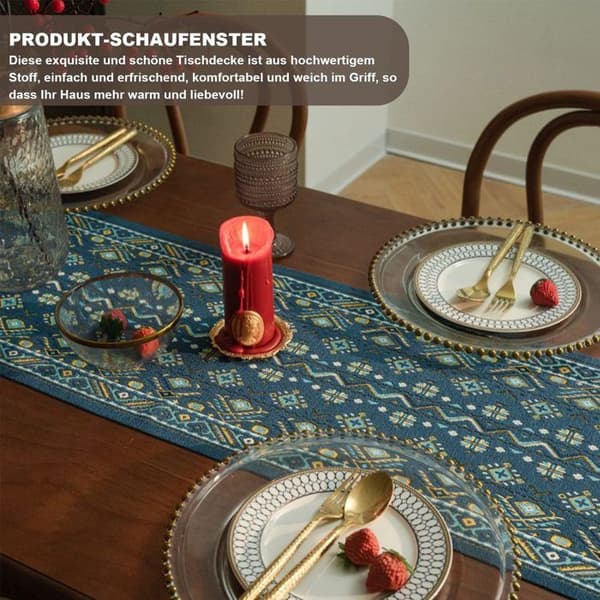 Jacquard bordslöpare med tofsar, geometriskt mönster, rektangulär, röd, 33 cm x 120 cm. Etikett (Pe)