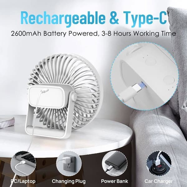 JZSH Bærbar Ventilator - 4-trins USB Ventilator med LED Lys og Timer - Til Hjemmet, Camping og Kontorbrug - Genopladelig (Pe)