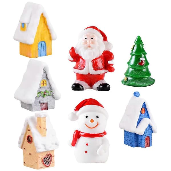 Mini hus-figurer 7 stk. julepynt til familiemedlemmer med blandet stil og sikkert harpiksmateriale for et festligt touch (Peng)