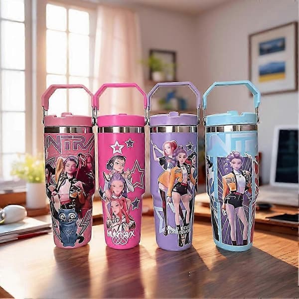 K-Pop Ghost Hunter Termosmugg med lock och sugrör - 30oz Isolerad Termosmugg i Rostfritt Stål för Barn (PE)