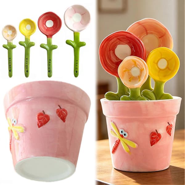 Set med keramiska blomformade måttskedar med hållare (Peng) Pink