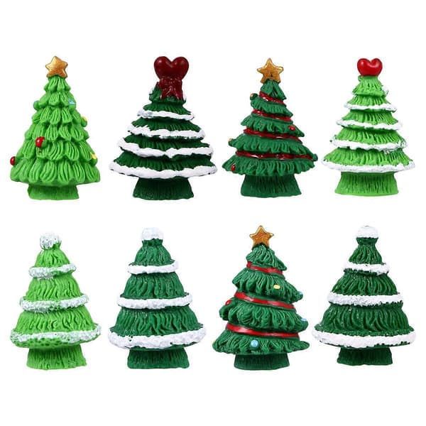Miniature juletræsfigurer til jul 8 stk. harpiks legetøjsdekoration (Peng)