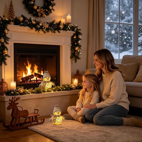 Valaiseva lumiukko-pehmolelu neulotulla hatulla ja huivilla (Pe)