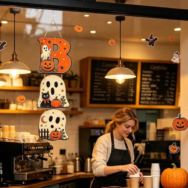 Halloween-dekoration i trä Spöke Svart Katt Pumpa Dörrskylt (Pe)