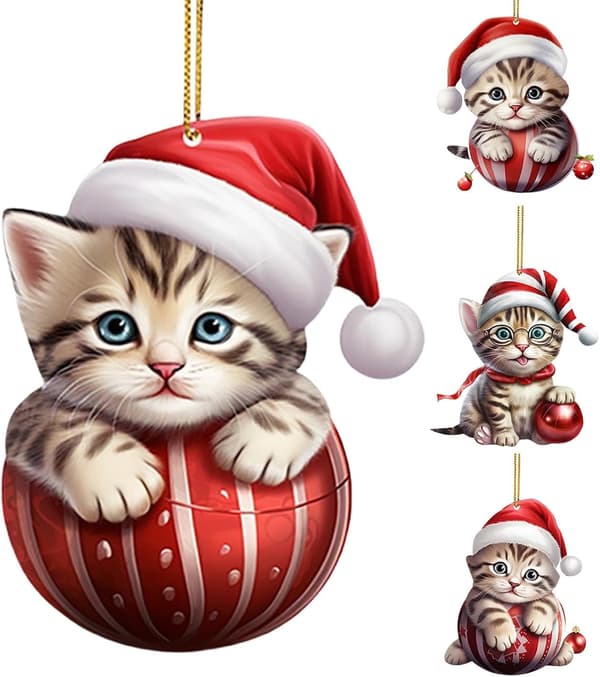 Juletræspynt med katte, sæt med 4 vedhæng med nissehuer (Pe)
