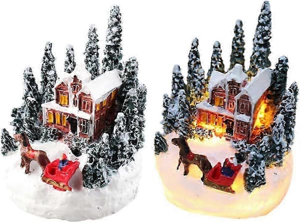 LED-oplyste juleby-figurer 2 stk. lysende miniature vinterby-hus juleby-bybordpynt (Peng)