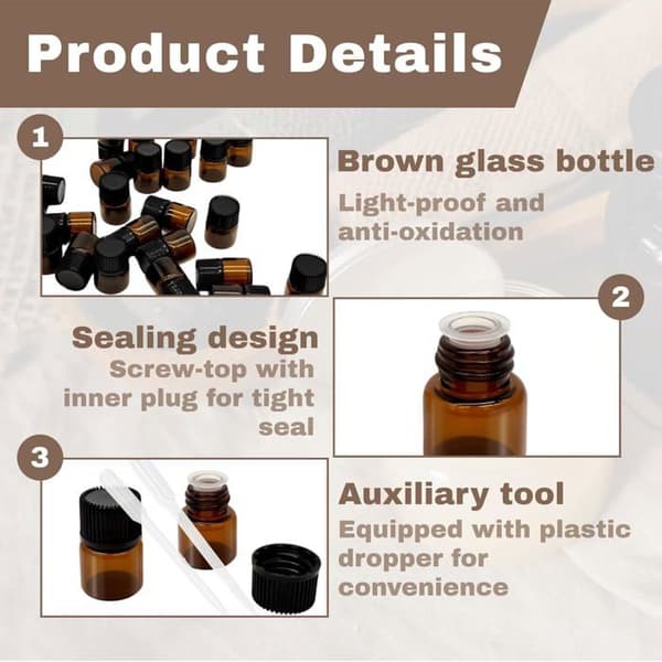 25 brune glasflasker til æteriske olier - 2 ml dråbeflasker til aromaterapi, spa, massage, opbevaring af olie, tilbehør (Pe)