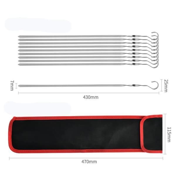 Kødspyd - Rustfrit Stål - 10 stk - Rustbestandig - Opbevaringspose - 43 cm (Pe)