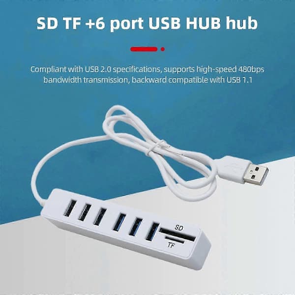 6-portars USB 2.0-hubb med integrerad kabel, perfekt för kontorsdatorer, bärbara datorer och hemunderhållningssystem (PE)