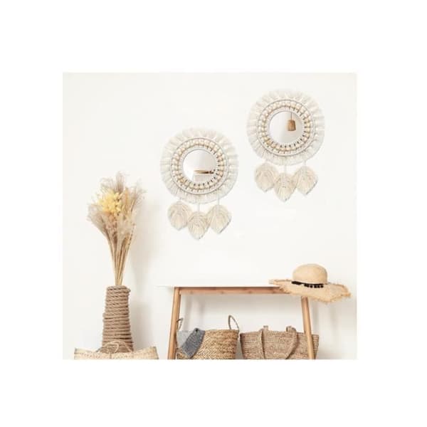 Vægspejl - Boho - Rundt - Makramefrynser - Fjervedhæng - 32 cm Diameter (Pe)