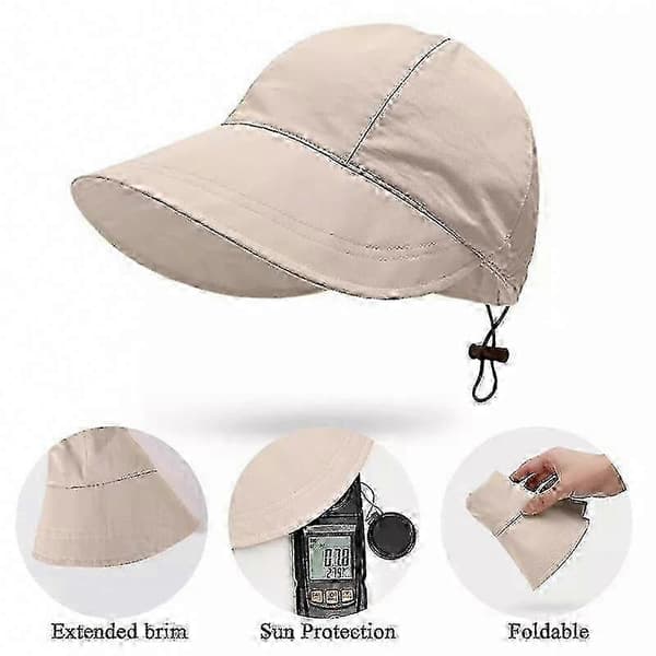 Sammenfoldelig solhat med bred skygge til kvinder til UV-beskyttelse på stranden - Justerbar sommervisor (Peng) Beige