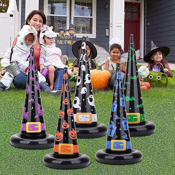 Halloween fest legetøj og spil, oppusteligt heksehat ringkast-spil med point, plastikringe, luftpumpe (Peng) Multicolor