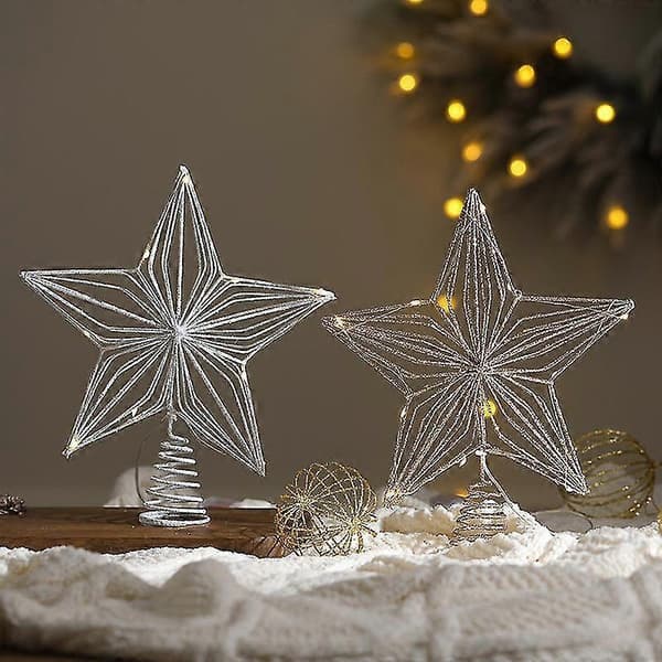 Juletræstop femtakket stjerne julepynt med lys julepynt (Peng) 25cm golden cotton thread