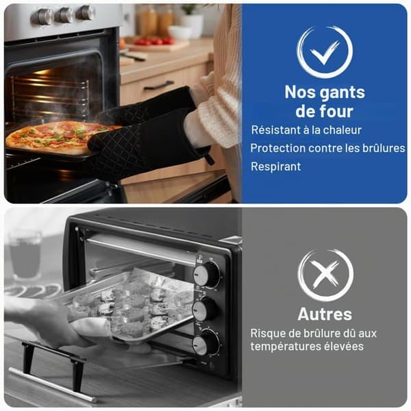 Sæt med 4 ovnhandsker + måtte, skridsikker, varmebestandig op til 250°C, til bagning. (Pe)