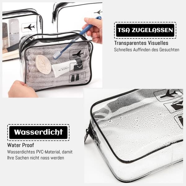 Flygplansnecessär - 3 delar, transparent PVC, 1L - Lämplig för handbagage, vätskor, män/kvinnor. (Pe)