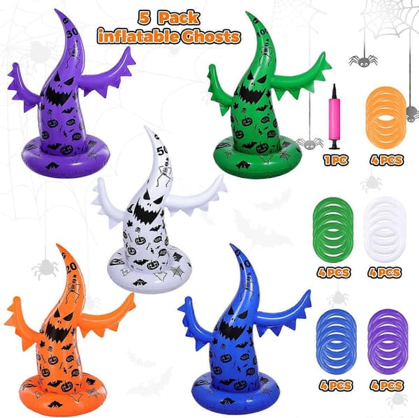 Halloween Ringkastningsspel, 5-pack uppblåsbara spöken och häxhattar för ringkastning (Peng)