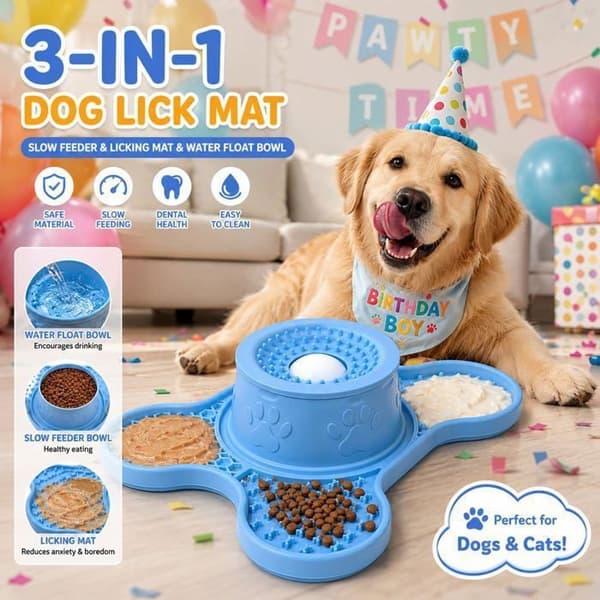 3-i-1 slikkemåtte til hunde og katte, slow-feeder skål, interaktiv bold, skridsikker silikone, blå (Pe)