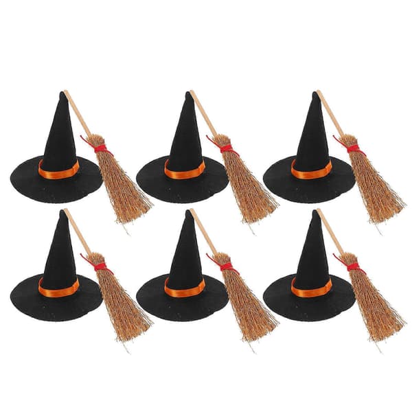 Mini-häxhattar och kvastar för Halloween-dekoration, 12-delars set för dockskåp (Peng)