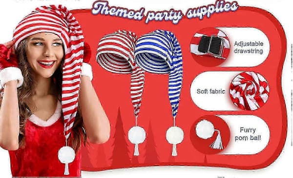 Randig nattmössa för män, justerbar sovmössa med pompom-boll för festtillbehör (Peng) Red