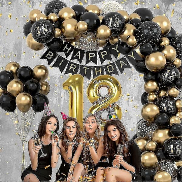 18-års fødselsdag ballonbue dekorationssæt, sort og guld tema til drenge og piger (Peng)