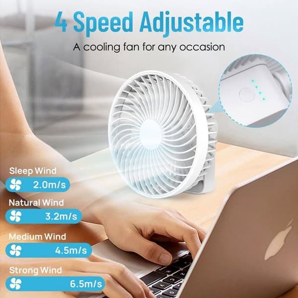 JZSH Bærbar Ventilator - 4-trins USB Ventilator med LED Lys og Timer - Til Hjemmet, Camping og Kontorbrug - Genopladelig (Pe)