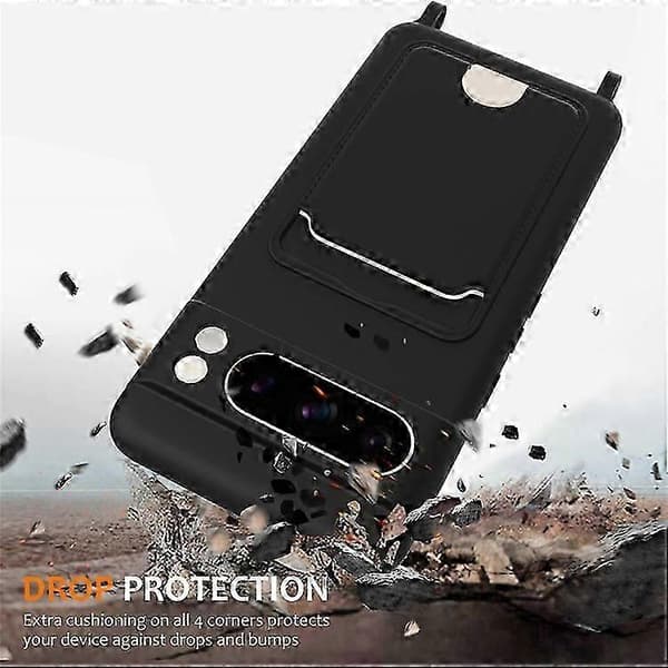 Kompatibelt etui til Google Pixel 8 Pro, flydende silikone, kortholder, bagcover med snor (Peng) Black