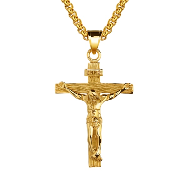 (guld) Katolsk Jesus Kristus på INRI korshänge