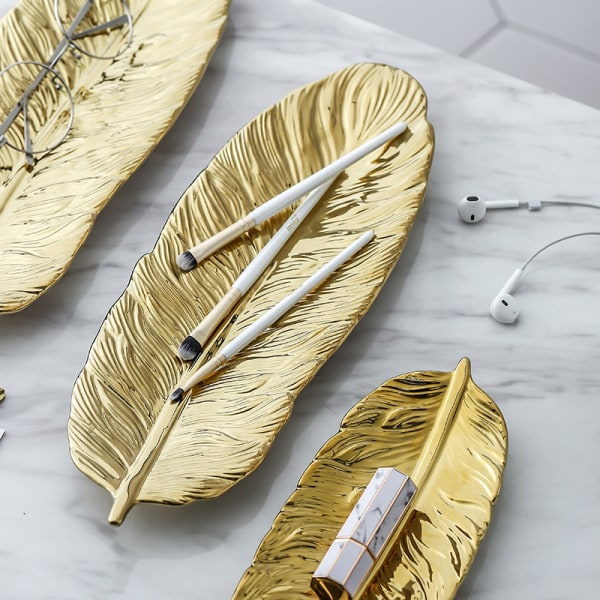 Gyllene fjäder form keramiska smycken tallrik fat porslin