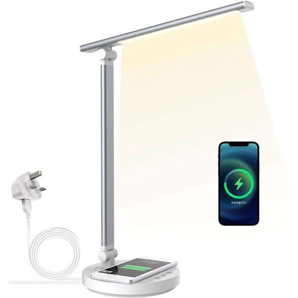 Skrivbordslampa med trådlös laddning, läslampa med USB