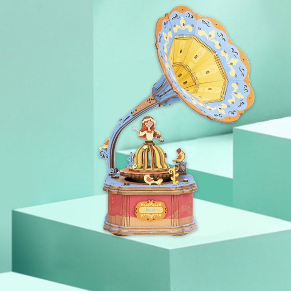 Träpussel Vintage gramfonmodell Musikdosa hantverksleksaker