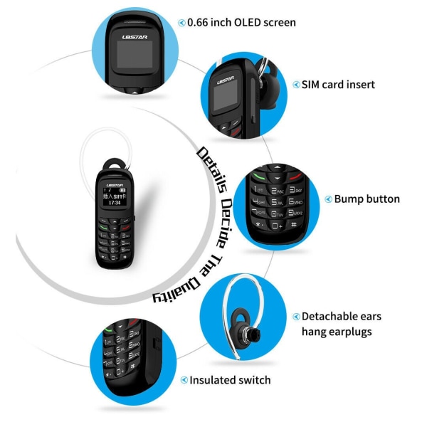 Bluetooth Mini Mobiltelefon Olåst GSM Dialer BM70