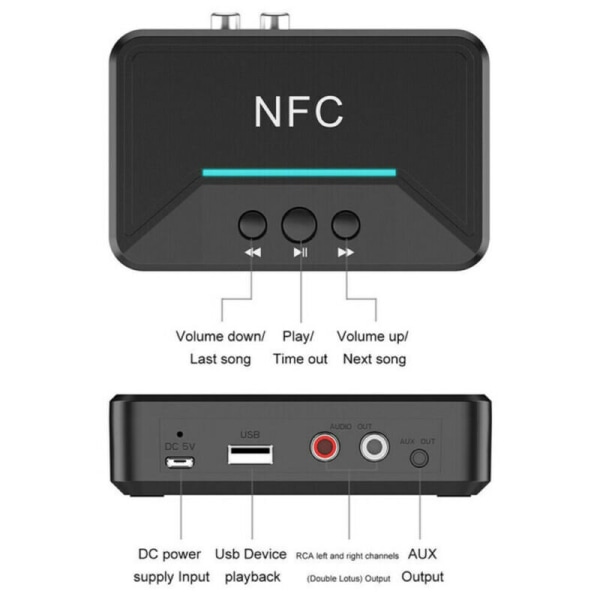 Trådlös Bluetooth 5.0-mottagare 3,5 mm-jack AUX NFC till 2 RCA