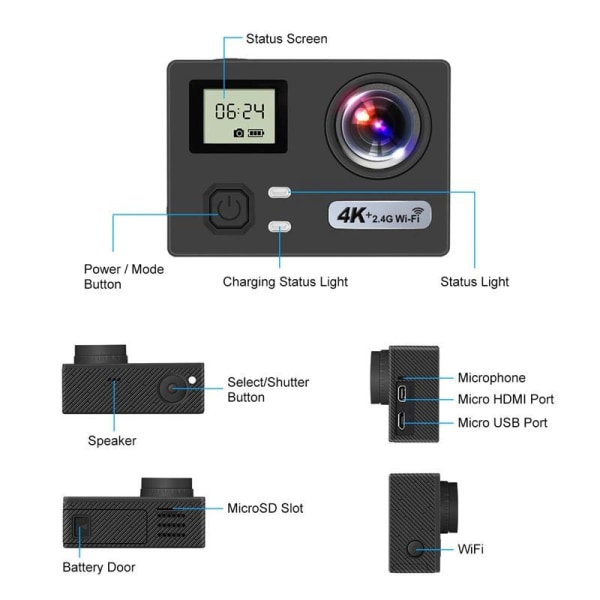 Actionkamera 4K HD Anti Shake 30M Undervattensvattentät