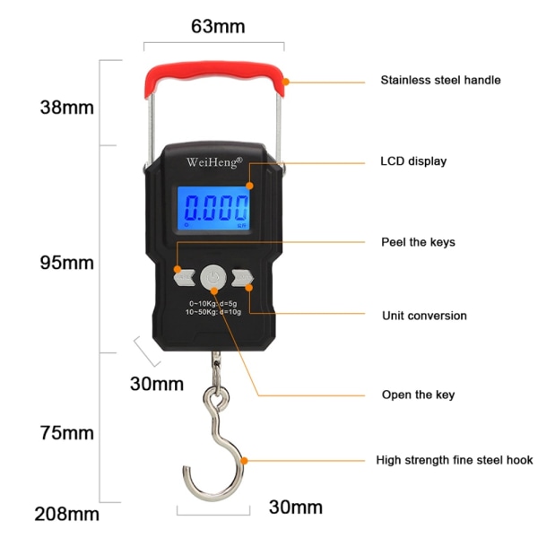 50Kg/5g LCD Digital Display Bakgrundsbelysning Bärbar hängkrok