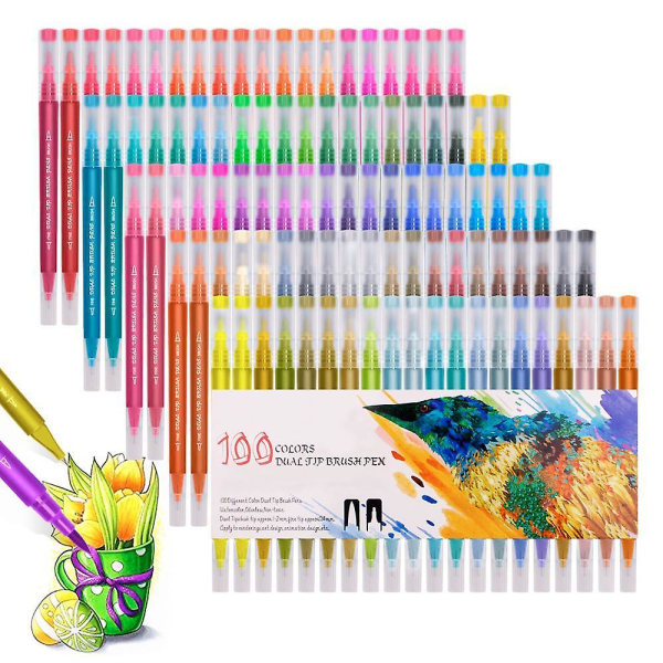 100 färger Dual Brush Pen Set, konstnärliga akvarellmarkörer