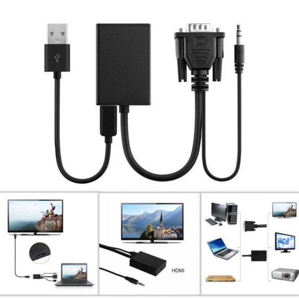 Svart Bärbar USB 1080P Converter VGA Till Adapter Video