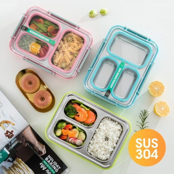 Rostfritt stål Lunchbox med stor kapacitet, förseglad spillsäker Green Spill proof 3 compartments 1.2L