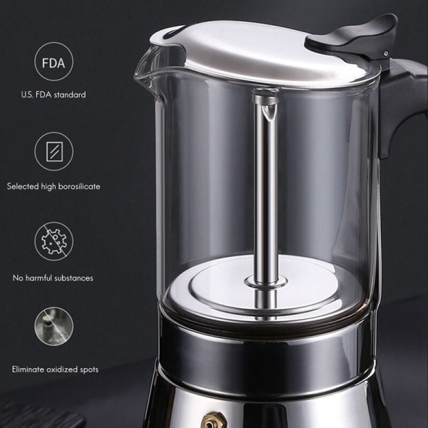 Moka Pot Espressobryggare, glas & rostfritt stål Moka