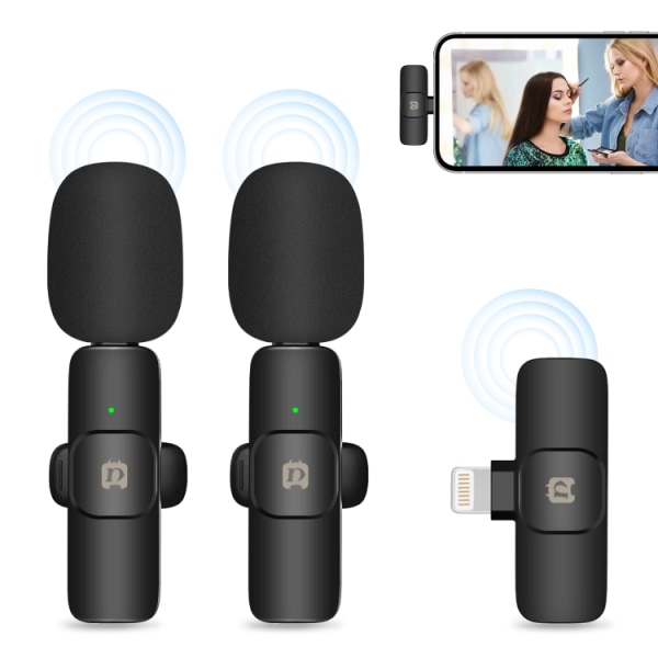 PULUZ trådlösa Lavalier-brusreducerande efterklangsmikrofoner för iPhone / iPad, 8-stiftsmottagare och dubbla mikrofoner (svart) Black